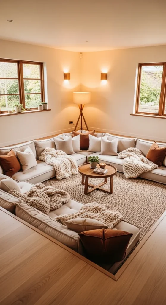 Cozy textured sunken living room