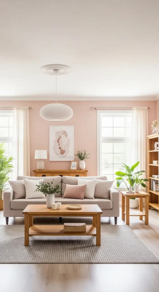 Full view of soft blush living room with oak furniture.
