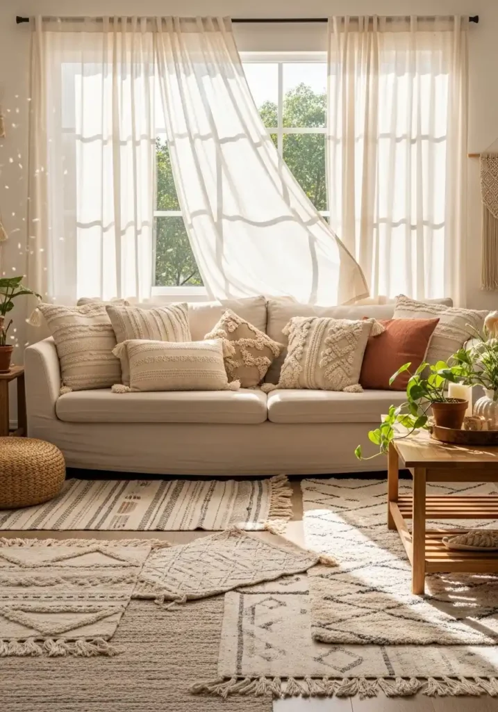 Boho living room with sheer curtains creating a bright and airy feel.