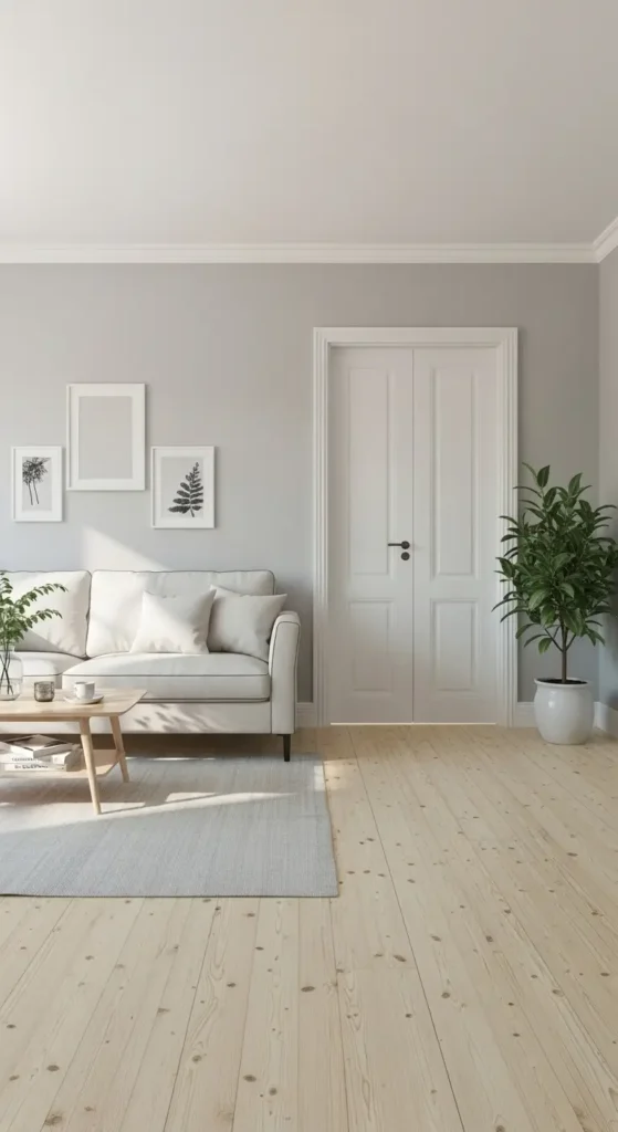 Full view of pale gray living room with wood flooring.