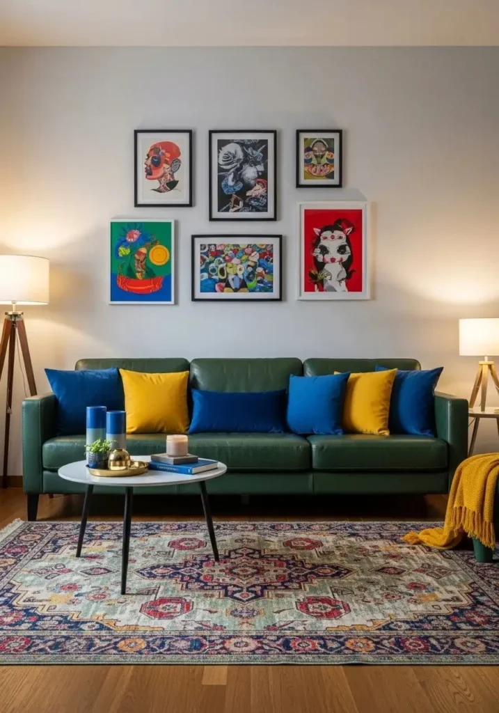 Green leather sofa with jewel-toned accents in living room