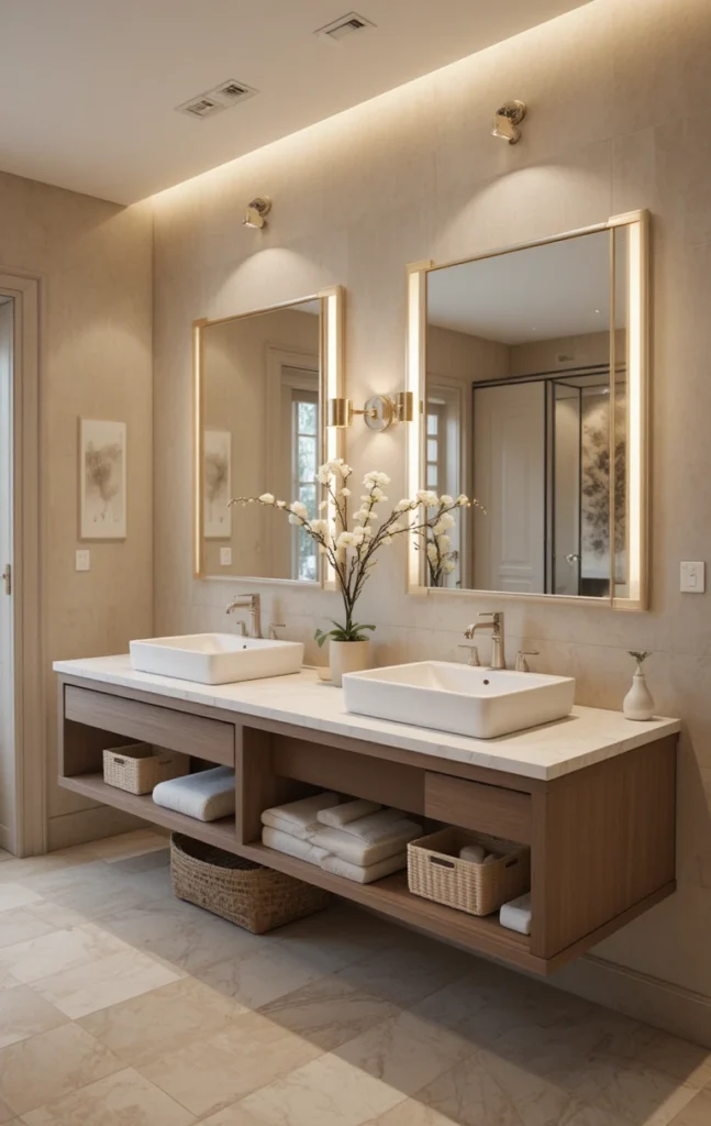 Floating double bathroom vanity with open floor and decorative storage.