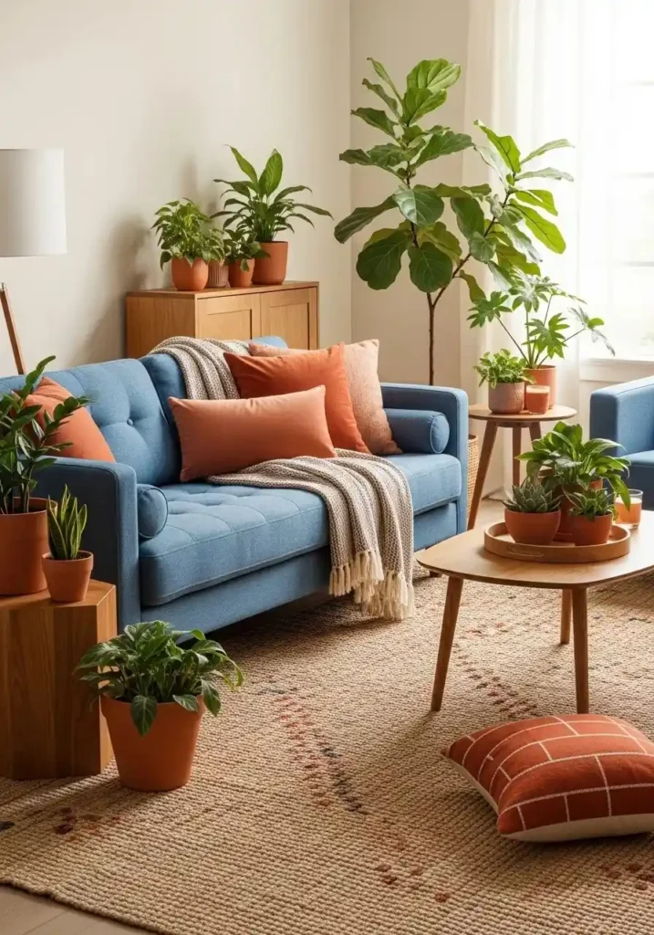 Blue couch with earthy décor.