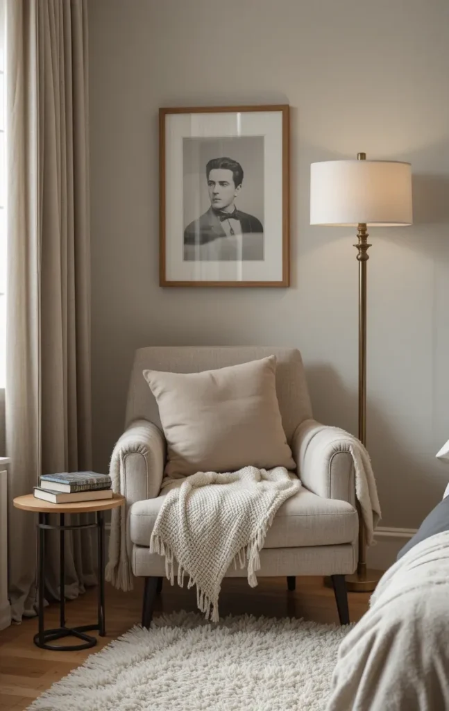 Cozy bedroom reading nook with armchair, floor lamp, and soft rug.