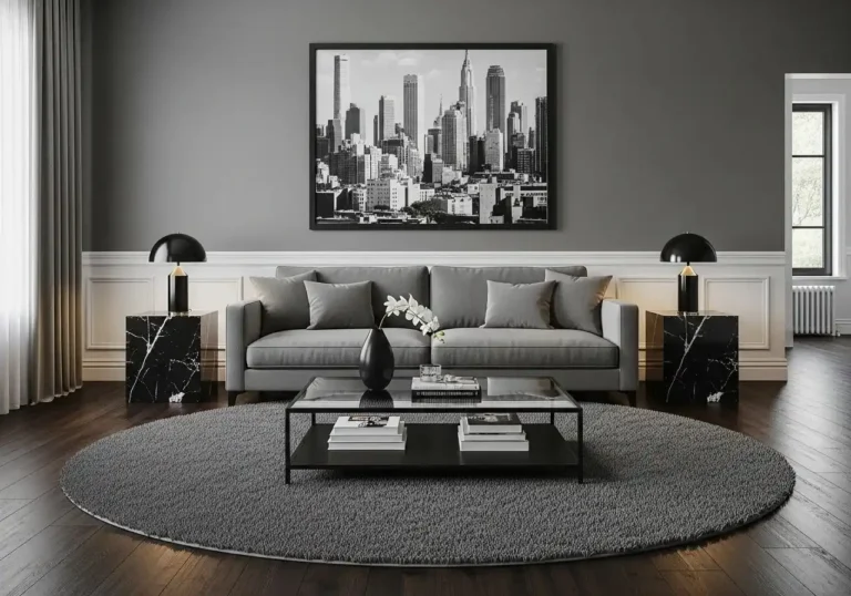 Full black couch living room beautiful look.
