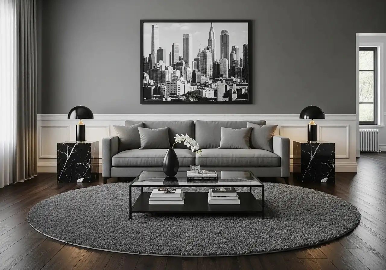 Full black couch living room beautiful look.