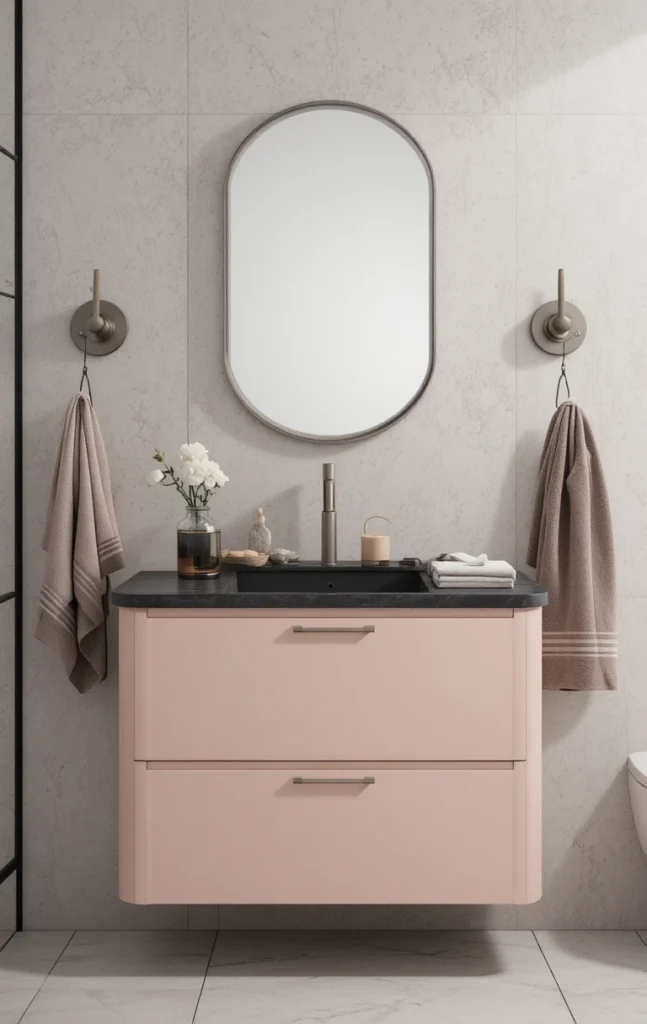 Colored bathroom sink adding subtle personality to neutral space.