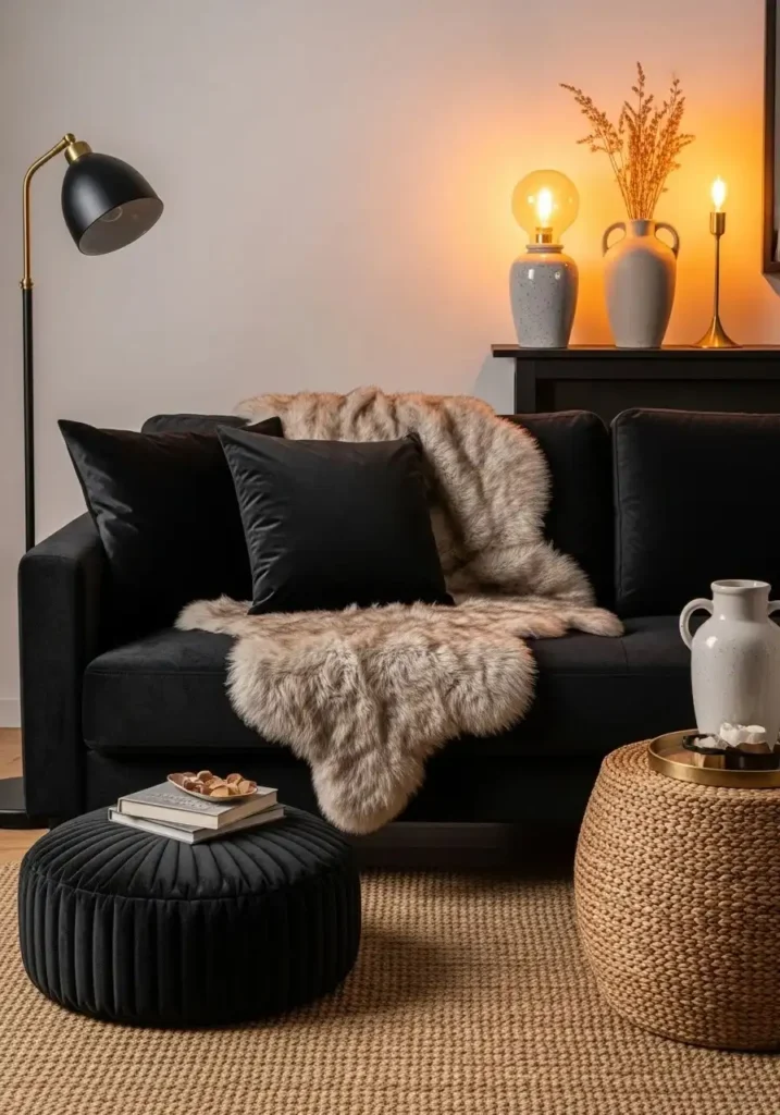 Black couch living room with layered cozy textures.