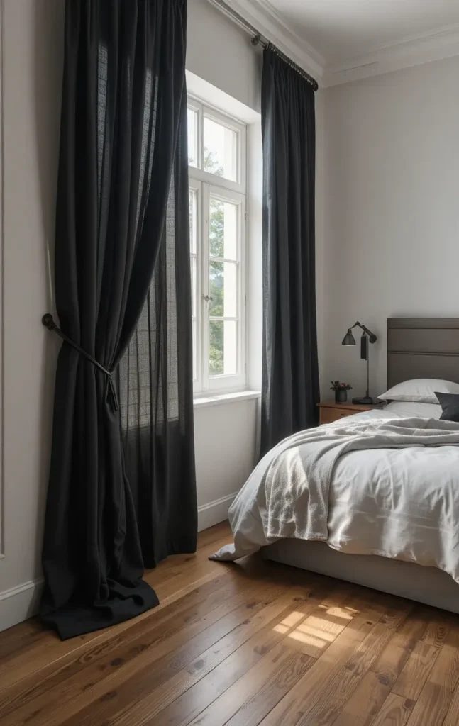 Bedroom with black linen curtains and warm wood flooring