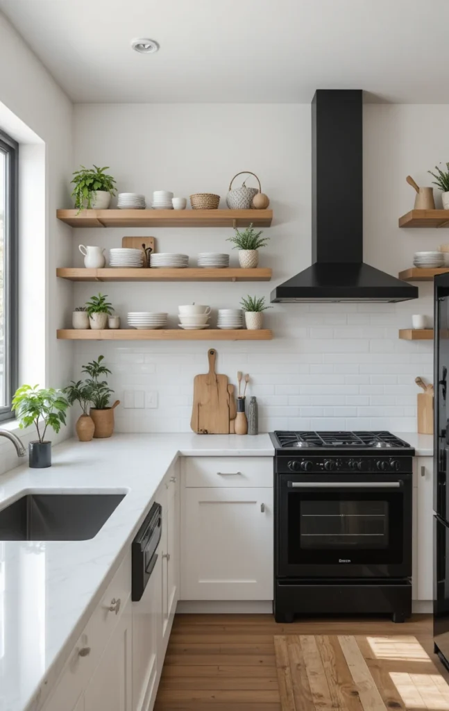 Black appliance kitchen with open shelving and light decor.
