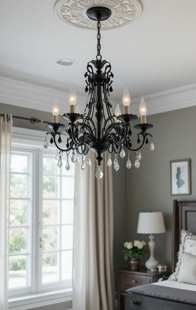 Black and silver ceiling fixture enhancing bedroom style.