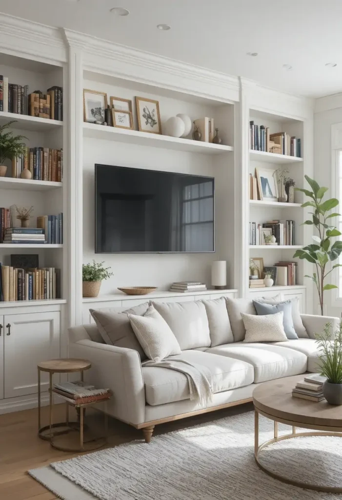 Living room with built-in shelving accent wall styled with books and decor