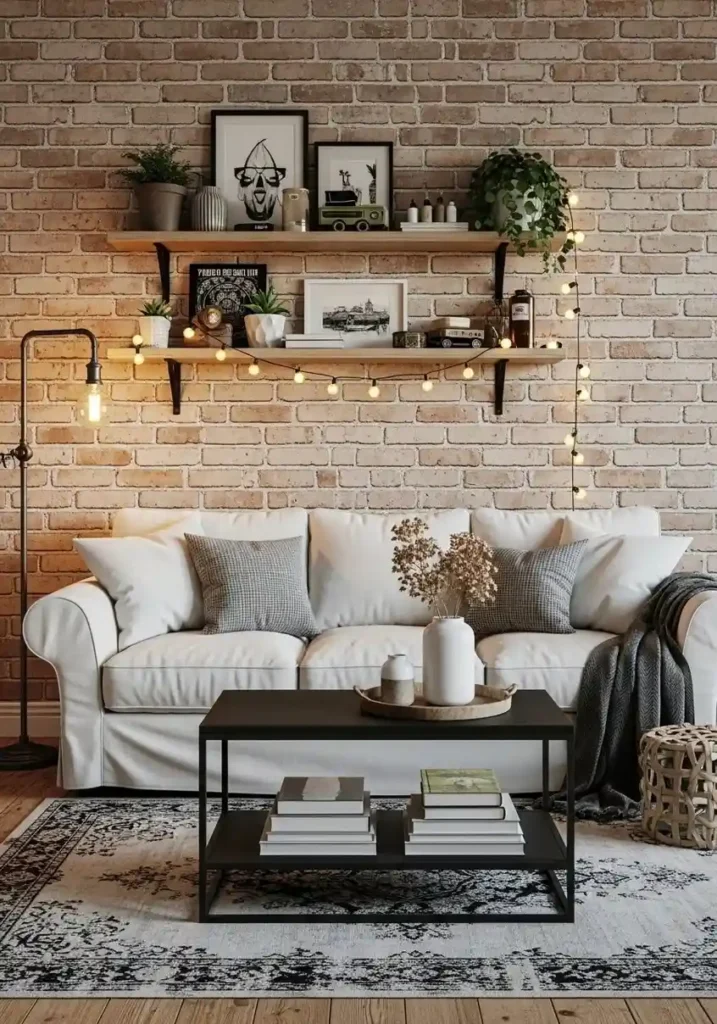 Industrial living room with white couch and exposed brick wall.