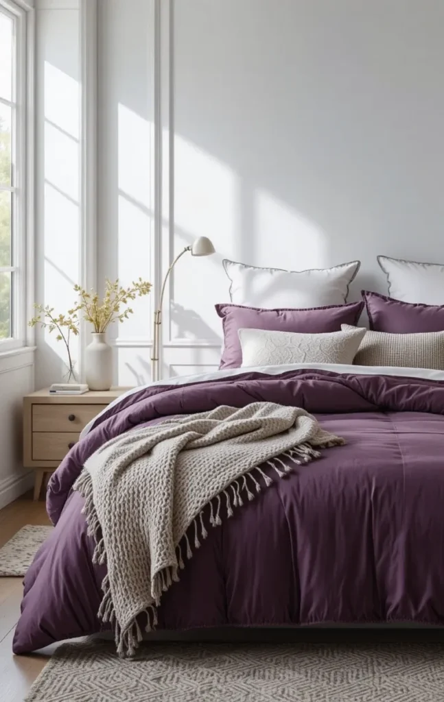 Neutral bedroom with rich purple bedding and layered pillows.