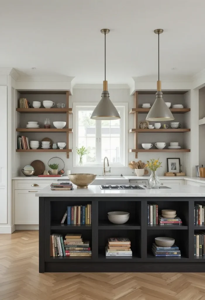 Kitchen island with open shelving for storage and display