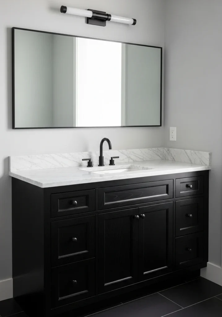 Black vanity with marble top.