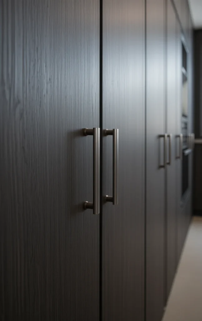 Minimal cabinet hardware in a galley kitchen.