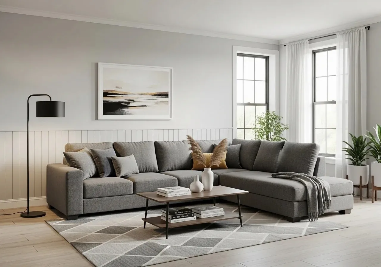 Full view of grey couch living room look