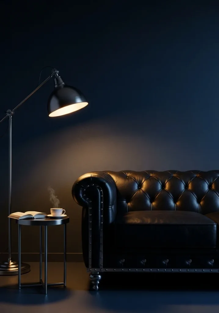 Black couch placed against dark accent wall.