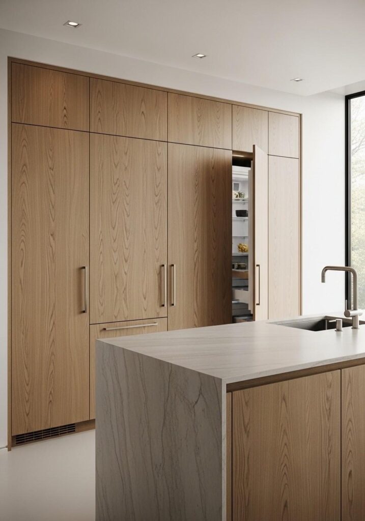 Integrated appliances in white oak cabinets.