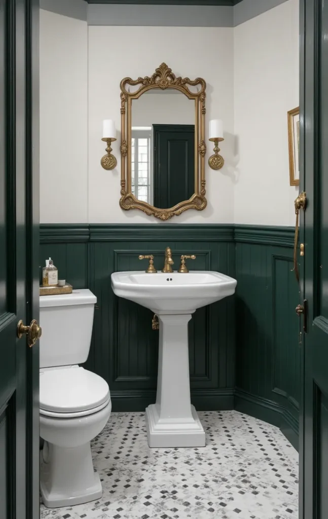 Traditional bathroom with dark green wainscoting, white upper walls, classic mirror, timeless styling.