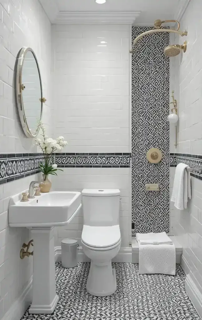 White bathroom walls with black-and-white patterned accents
