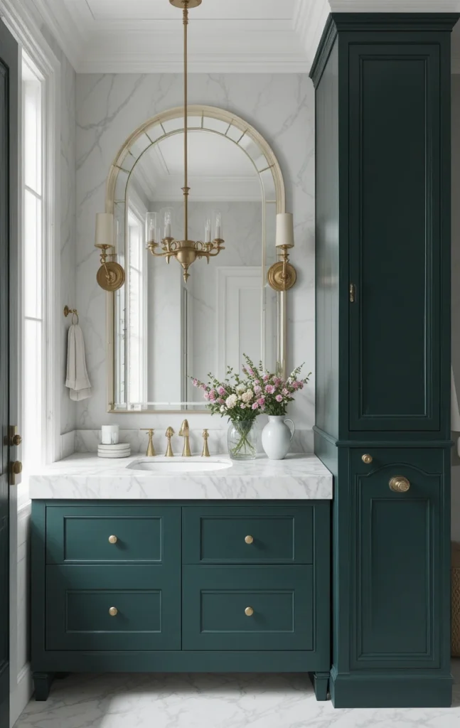 Dark green bathroom vanity with marble countertop and brass hardware.