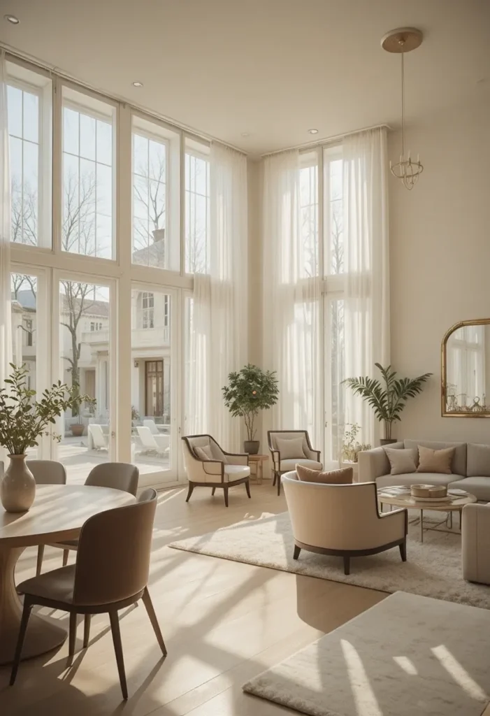 “Bright open living room with natural light and mirror reflection