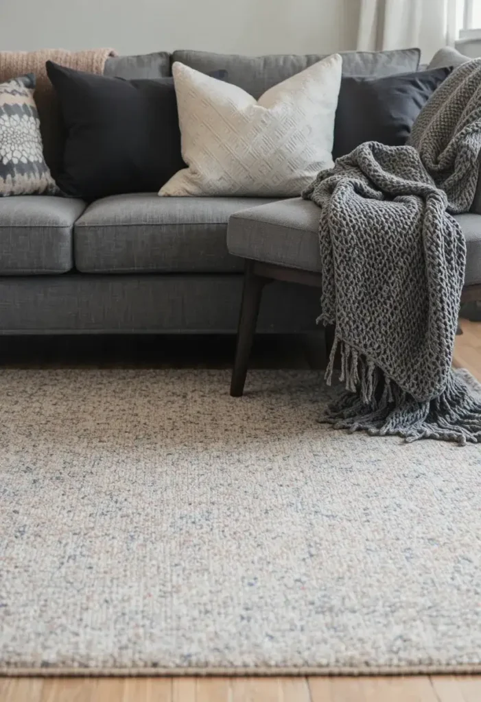 Balanced patterns and textures in open living and dining areas