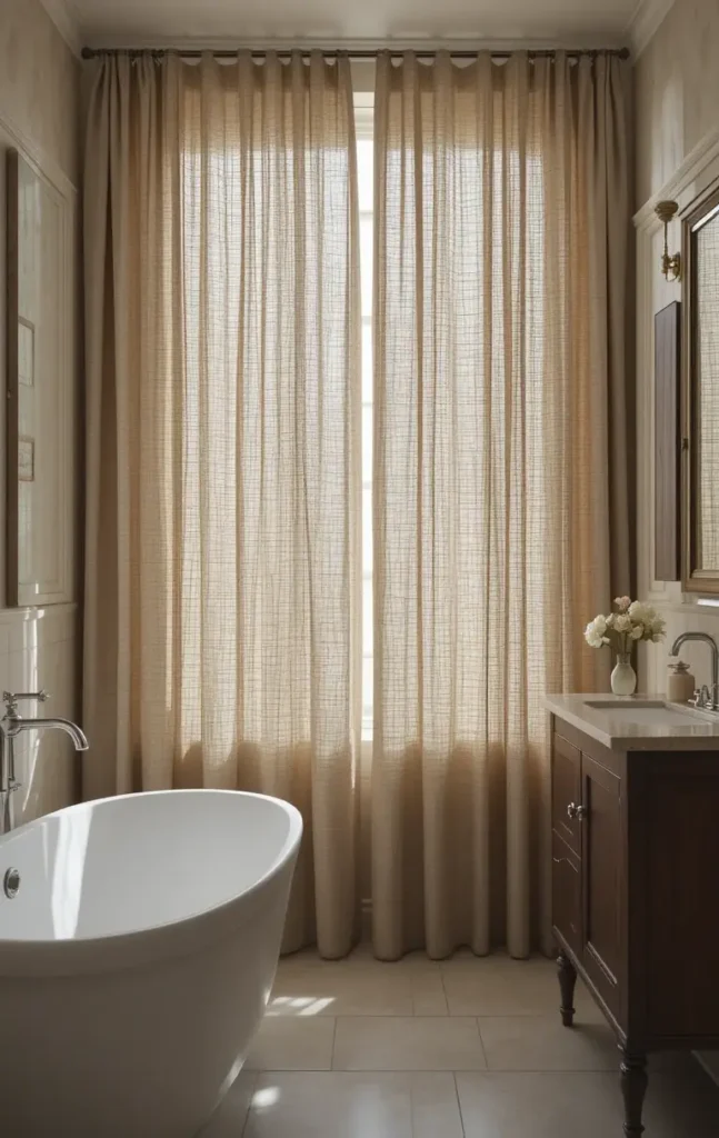 Textured bathroom curtain adding dimension and visual interest.