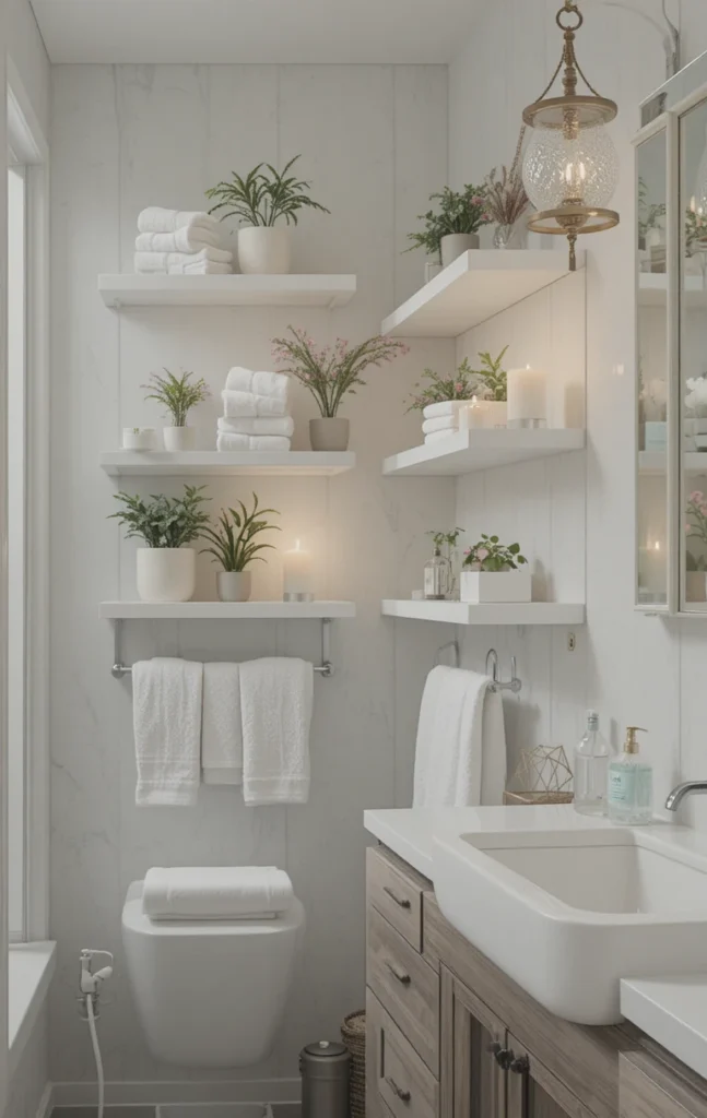 White floating shelves with decor and towels in bathroom