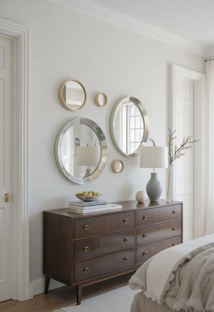 Floating and wall-mounted mirrors in a bedroom for style and functionality