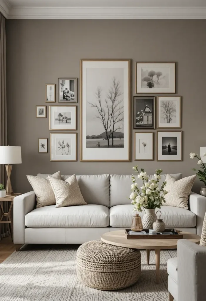 Living room with gallery wall accent above neutral sofa