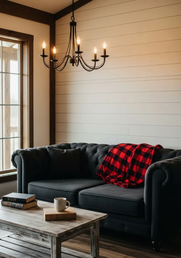 Farmhouse black couch living room with rustic wood decor.