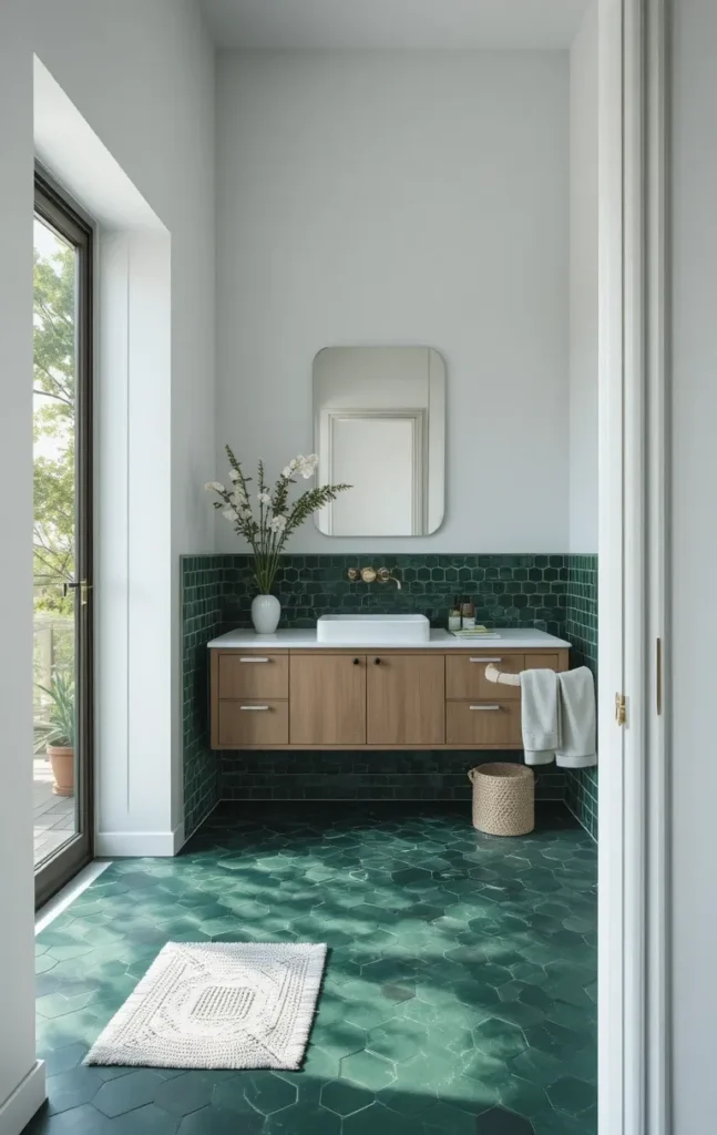 Dark green hex floor tiles grounding a bright white bathroom.