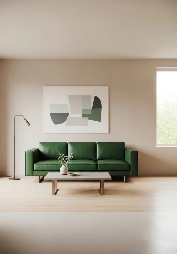 Green leather sofa in minimalist serene living room
