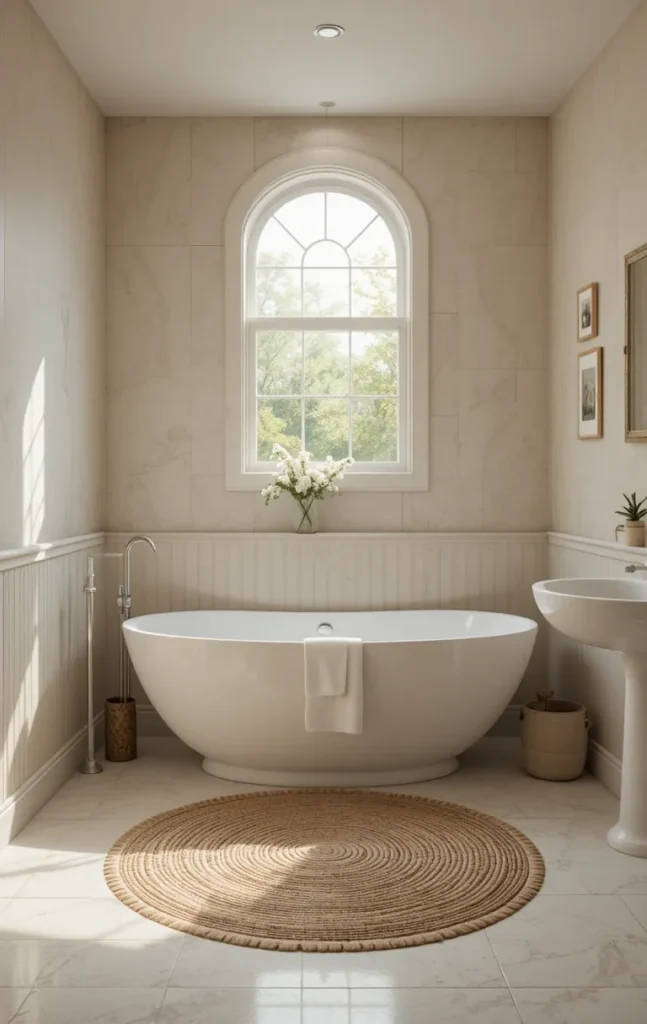 Round bathroom rug softening straight lines of tiles and furniture.