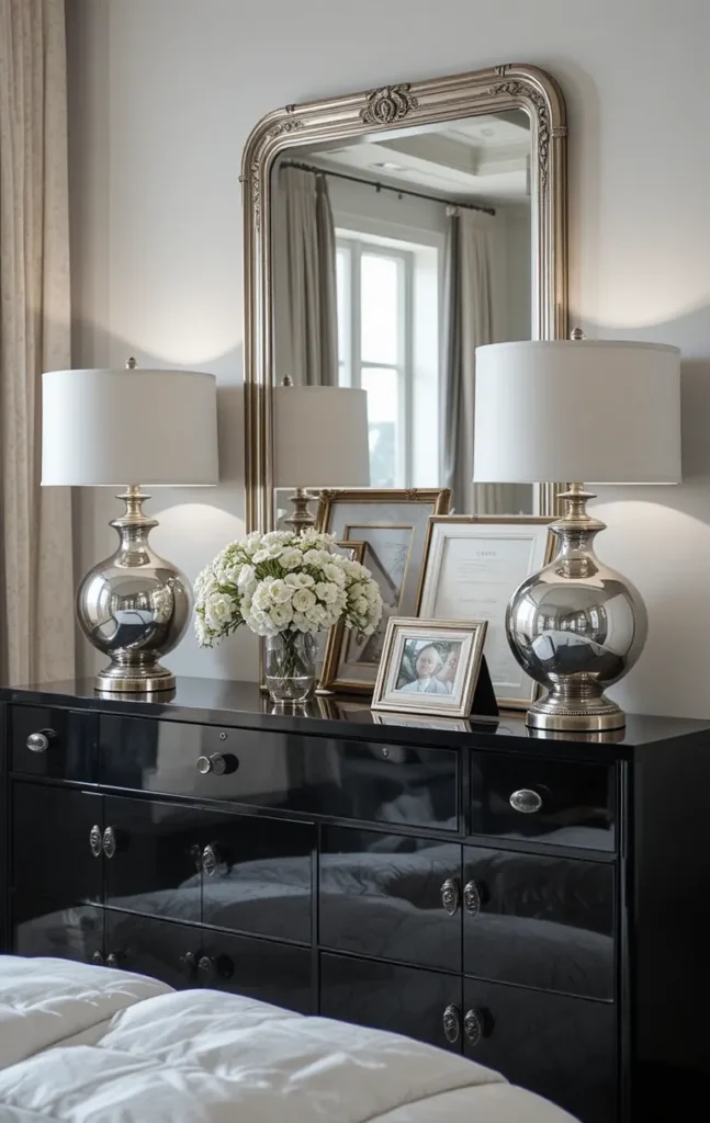 Black furniture with metallic silver accessories in bedroom