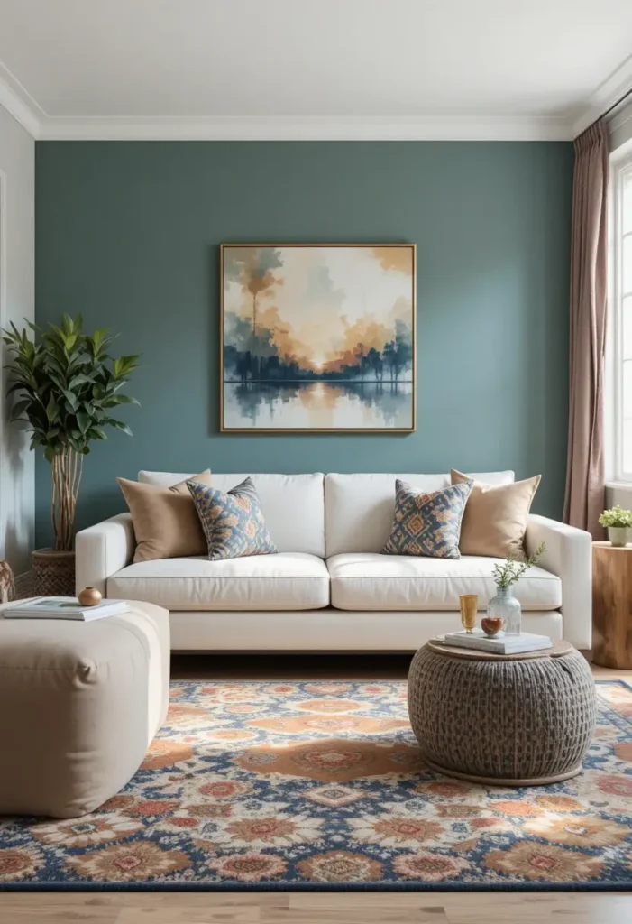 Bold patterned rug matching living room colors and décor