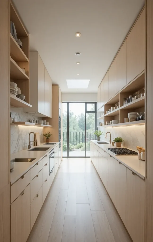 "Light upper cabinets with open shelves in a long kitchen to keep it airy