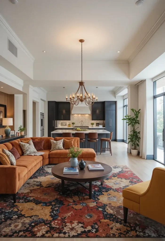 “Statement furniture piece anchoring open kitchen and living room