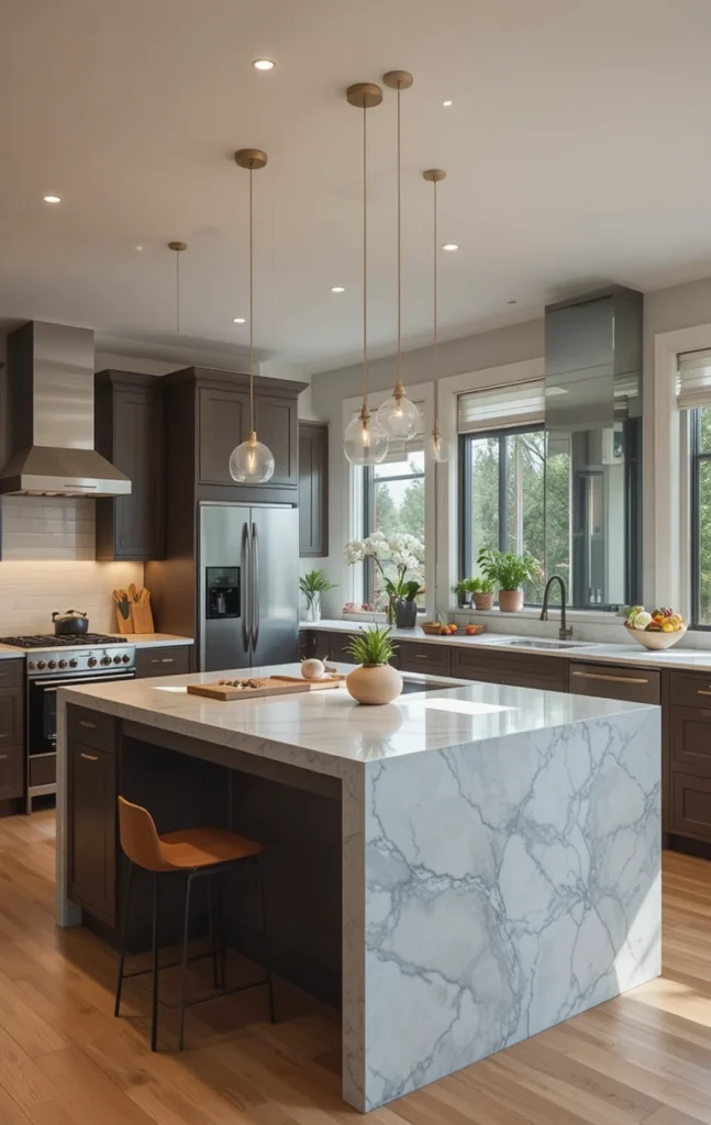 Multi-functional island in one wall kitchen with seating area