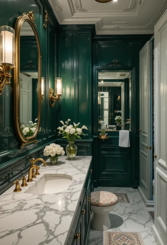 Emerald green bathroom with marble countertop and gold fixtures.