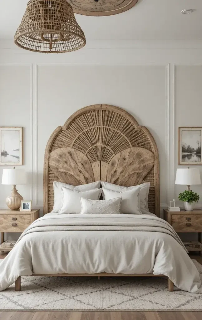 Beach bedroom with a coastal rattan headboard creating a focal point.
