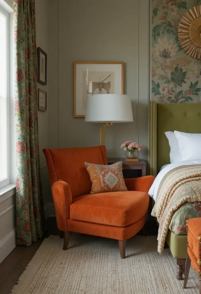 Green and orange bedroom furniture creating a cohesive color scheme.