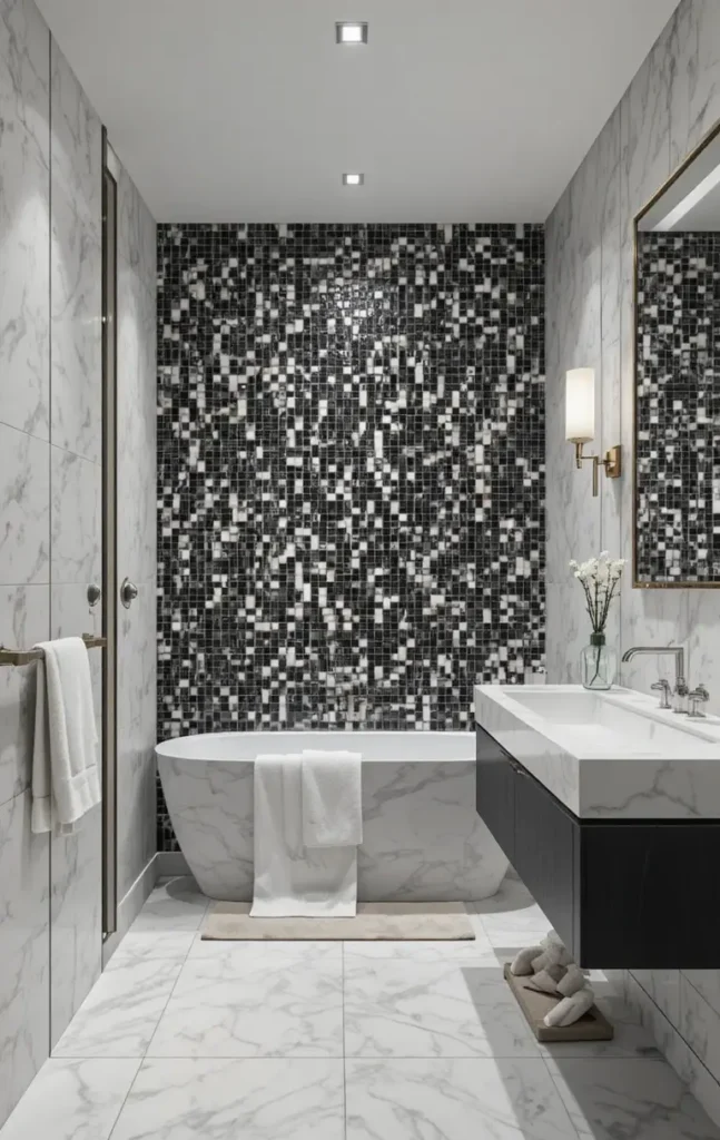 Black-and-white mosaic tiles in bathroom