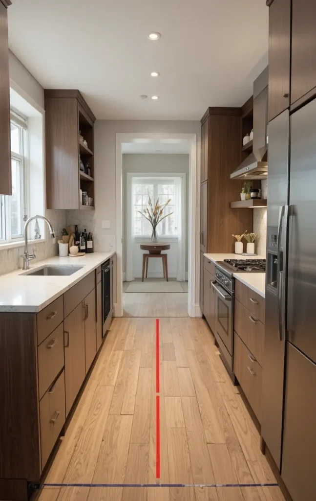 Proper walkway spacing between island and cabinets in one wall kitchen