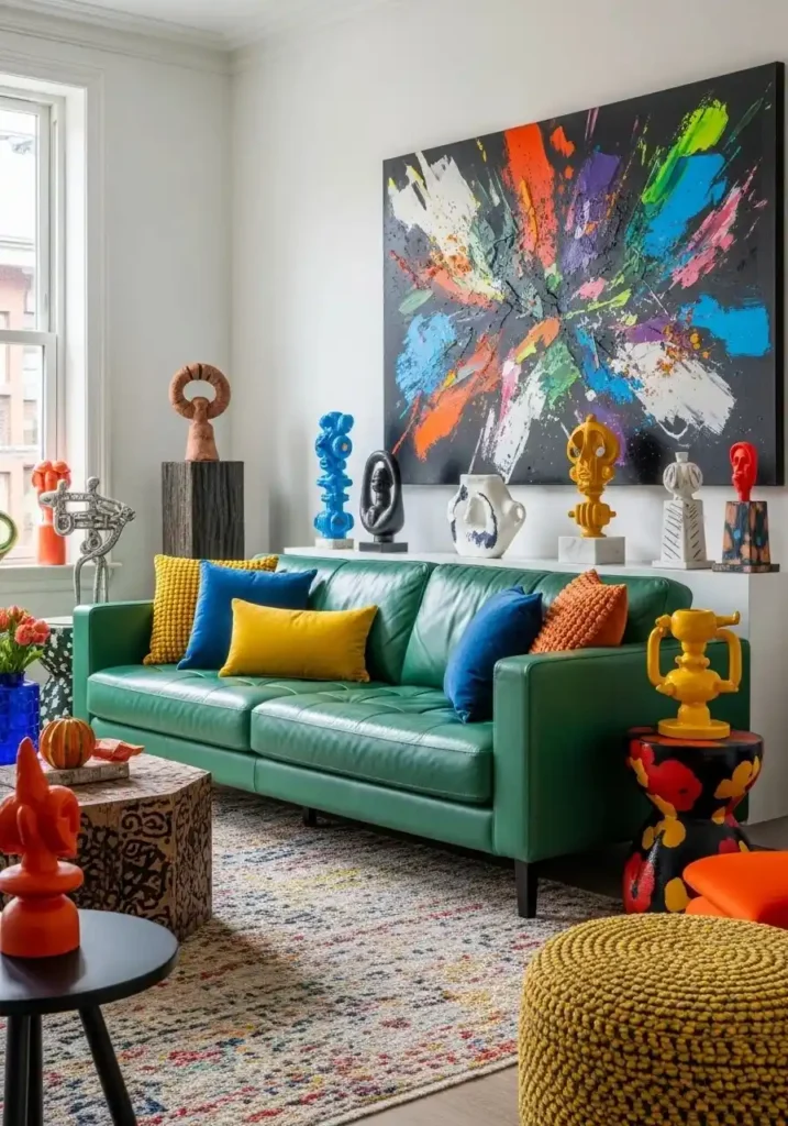 Green leather sofa as statement in artistic living room