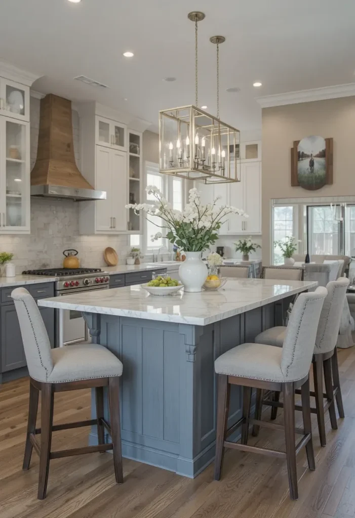 Kitchen island stools with backs and armrests offering a lounge-like, comfortable seating experience.