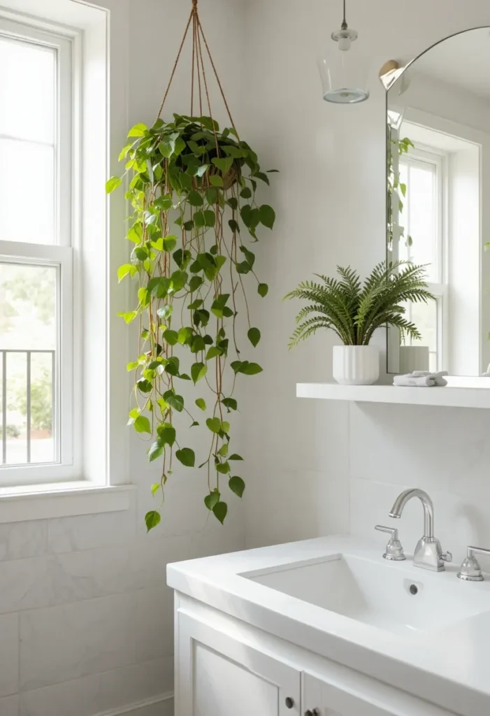 Bathroom decorated with indoor plants including pothos and fern.